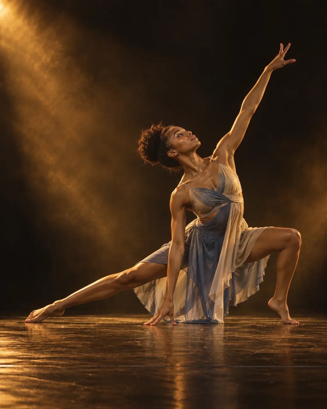 Une danseuse en fente basse, une main au sol, l’autre bras tendu vers la lumière.