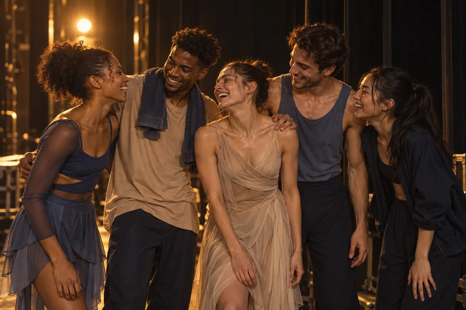 Cinq danseurs rient ensemble en coulisses, se tenant par les épaules, sous une lumière chaude.