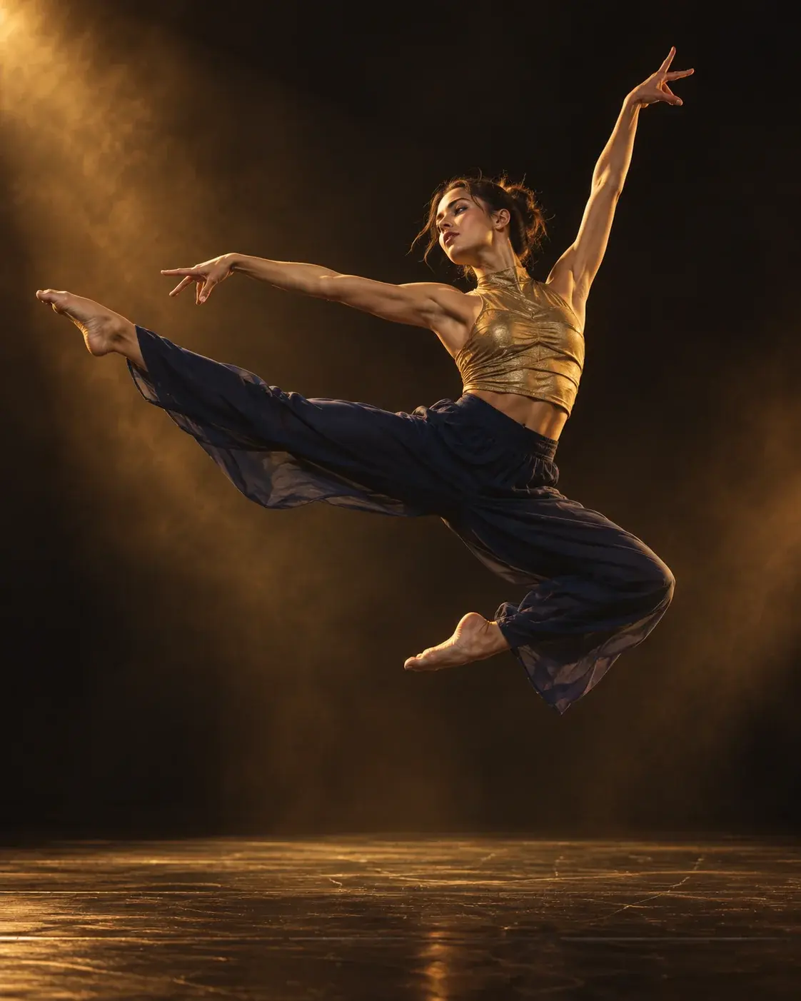 Une danseuse en plein saut, jambe tendue et bras levé, sous un projecteur doré.