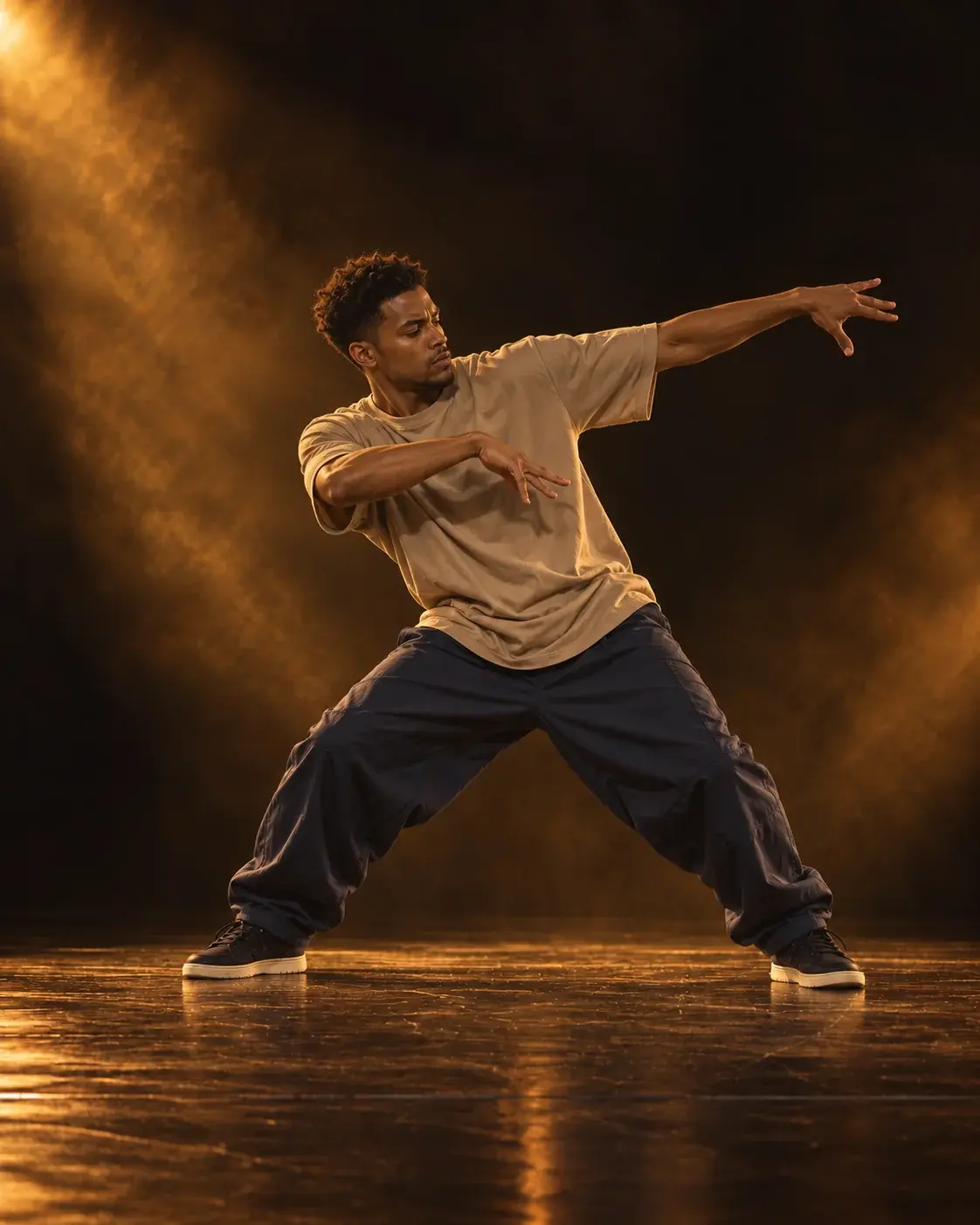 Un danseur en appui large, bras tendus sur le côté, dans une posture de danse urbaine.