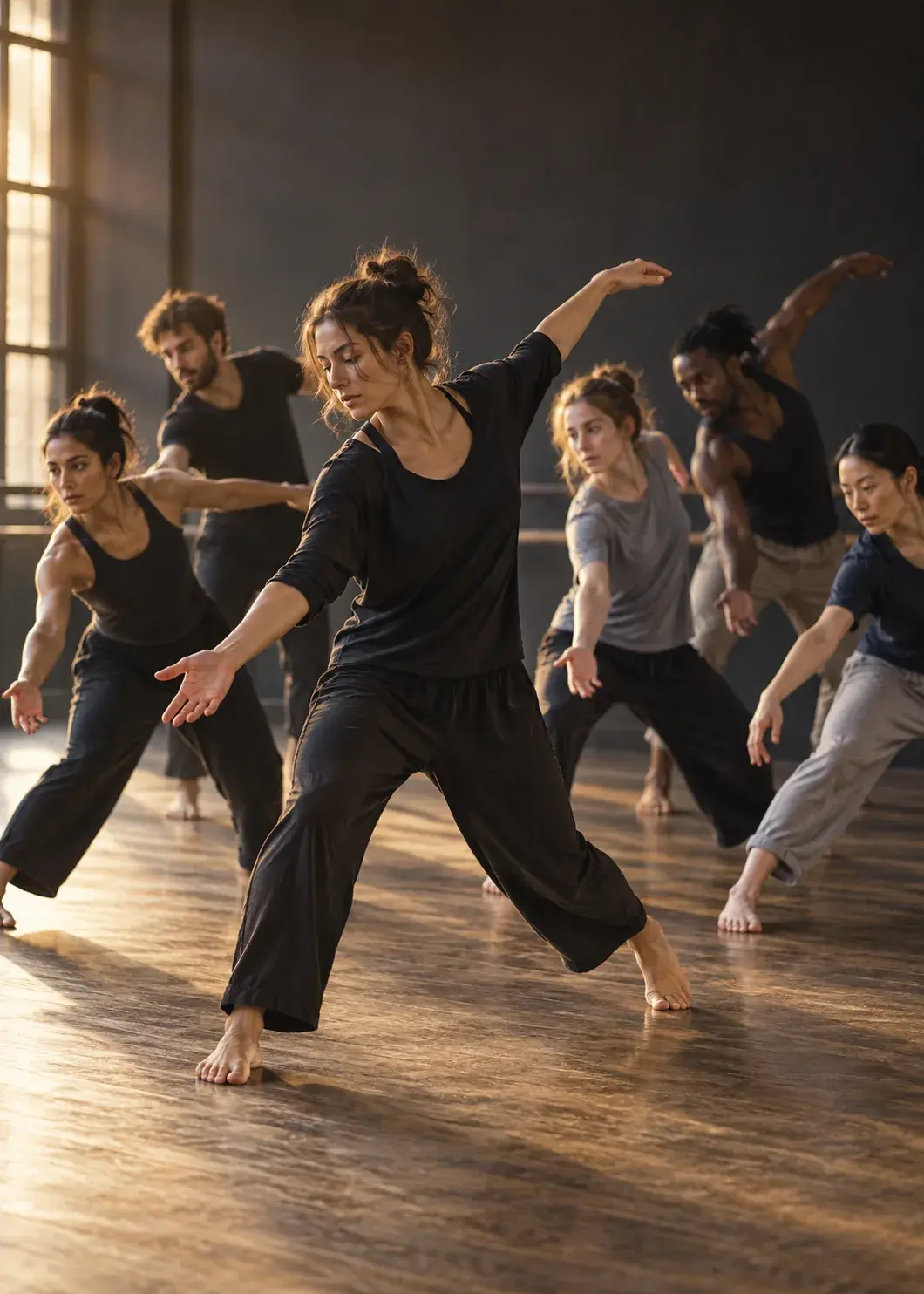 Un groupe de danseurs pieds nus, en fente, les bras tendus, dans un studio baigné de lumière dorée.